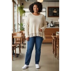 Belle France Lace Trim Knit Sweater Top Cream Beige Textured Layered Size L Boho